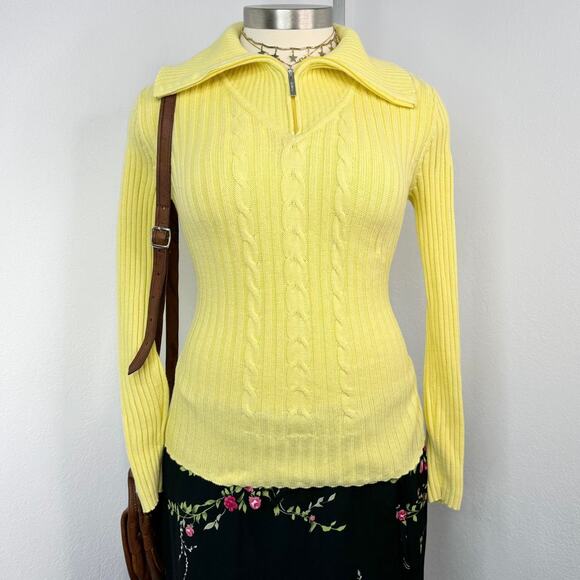 Vintage Sweaters - Vintage Y2K Cotton Yellow Ribbed Zip Sweater Size Large
